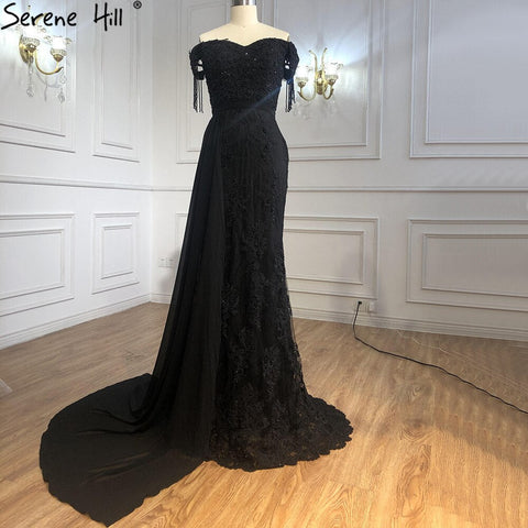 Black Mermaid Elegant Evening Dresses Gowns 2025 Lace Beading Luxury For Women Party LA70975