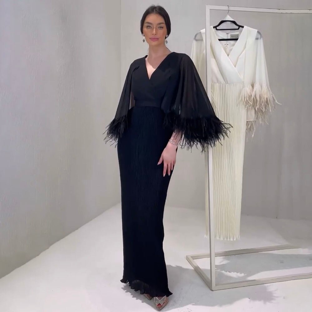 Black Mermaid Elegant Feather Cape Sleeves Morocco Evening Dresses Gowns For Woman Wedding Party 2025 LA71852