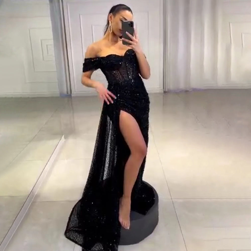 Black Mermaid High Split Evening Dresses Gowns 2025 Elegant Overskirt For Women Party LA71661