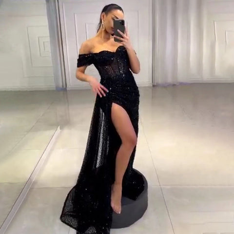 Black Mermaid High Split Evening Dresses Gowns 2025 Elegant Overskirt For Women Party LA71661