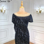 Black Mermaid Luxury Evening Dresses Gowns 2025 Beaded Tassel Elegant For Women Party LA71386