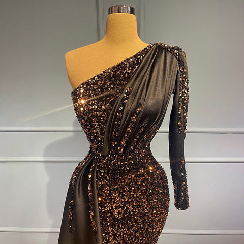 Black Mermaid One Shoulder Evening Dresses Gowns 2025 Sequin Luxury Elegant For Women Party LA71542