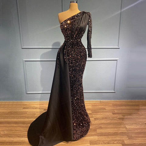 Black Mermaid One Shoulder Evening Dresses Gowns 2025 Sequin Luxury Elegant For Women Party LA71542