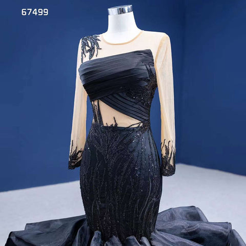 Black Mermaid Puffy Flowers Lace Beaded Long Sleeves Wedding Dresses Bride Gowns Custom Made Ball Gown 2025 HM67499