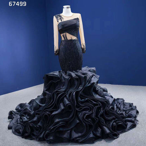 Black Mermaid Puffy Flowers Lace Beaded Long Sleeves Wedding Dresses Bride Gowns Custom Made Ball Gown 2025 HM67499