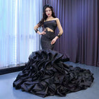Black Mermaid Puffy Flowers Lace Beaded Long Sleeves Wedding Dresses Bride Gowns Custom Made Ball Gown 2025 HM67499