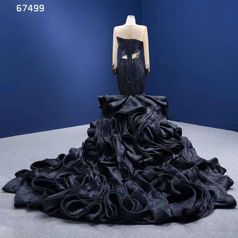 Black Mermaid Puffy Flowers Lace Beaded Long Sleeves Wedding Dresses Bride Gowns Custom Made Ball Gown 2025 HM67499