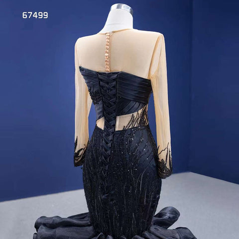 Black Mermaid Puffy Flowers Lace Beaded Long Sleeves Wedding Dresses Bride Gowns Custom Made Ball Gown 2025 HM67499