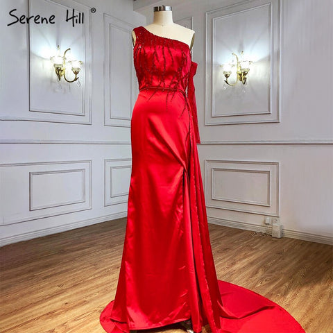 Black Mermiad Split Satin Evening Dresses Gowns 2025 Elegant Beading One Shoulder For Women Party LA71089