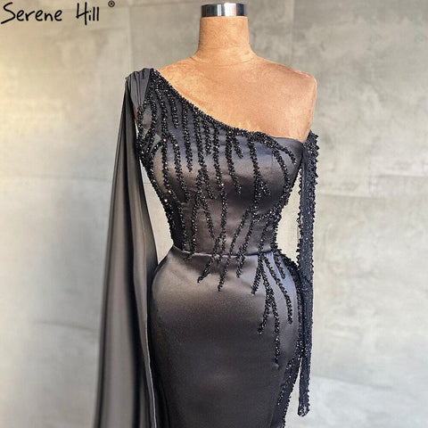 Black Mermiad Split Satin Evening Dresses Gowns 2025 Elegant Beading One Shoulder For Women Party LA71089