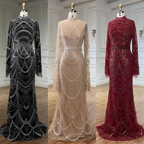 Black Muslim Luxury Beaded Elegant Mermaid Dubai Evening Dresses Gowns for Woman Wedding Party 2025 LA72512