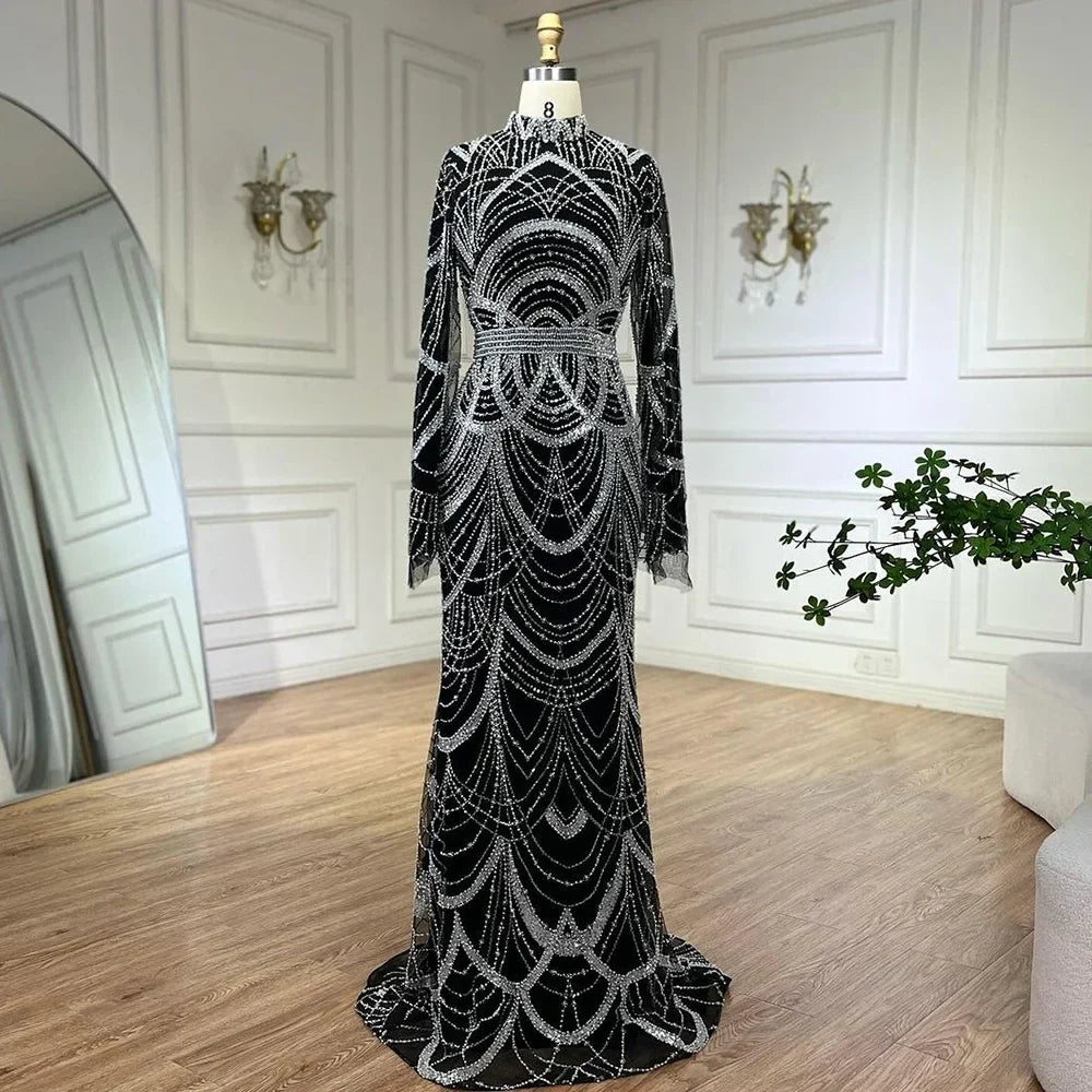 Black Muslim Luxury Beaded Elegant Mermaid Dubai Evening Dresses Gowns for Woman Wedding Party 2025 LA72512