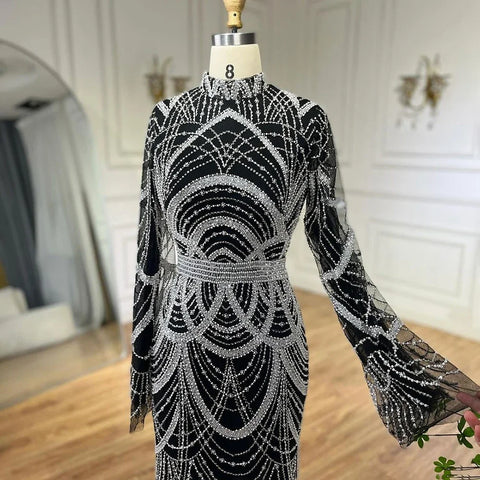 Black Muslim Luxury Beaded Elegant Mermaid Dubai Evening Dresses Gowns for Woman Wedding Party 2025 LA72512