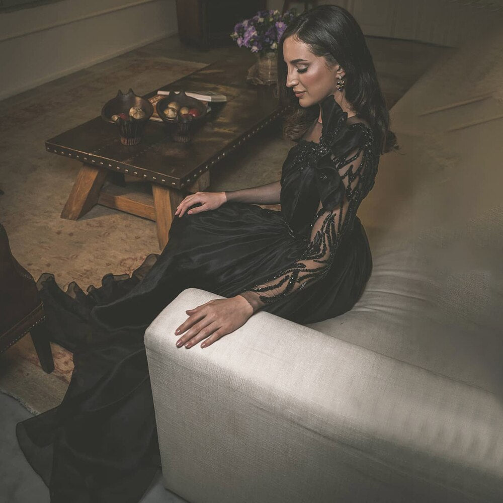 Black Satin A-Line Evening Dresses Gowns 2025 Beaded Sexy For Woman Wedding Party LA71213