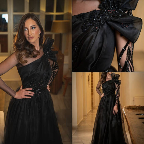 Black Satin A-Line Evening Dresses Gowns 2025 Beaded Sexy For Woman Wedding Party LA71213