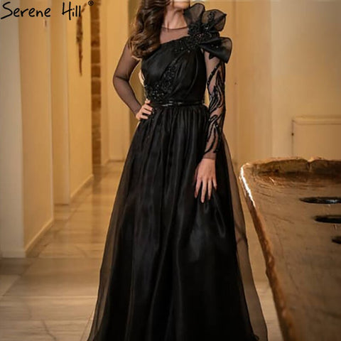 Black Satin A-Line Evening Dresses Gowns 2025 Beaded Sexy For Woman Wedding Party LA71213
