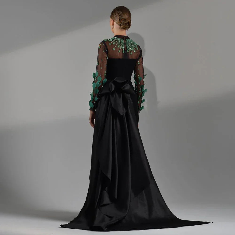 Black Satin Mermaid Lace Beaded Luxury Long Evening Dresses Gowns For Women Wedding Party 2025 LA72230