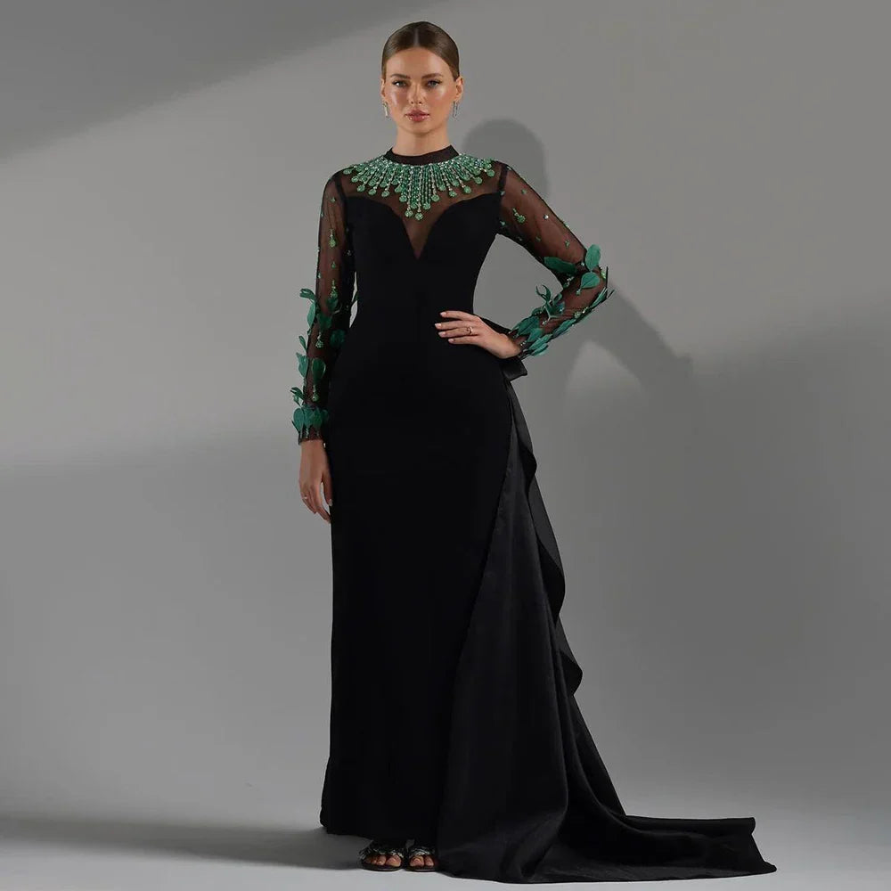 Black Satin Mermaid Lace Beaded Luxury Long Evening Dresses Gowns For Women Wedding Party 2025 LA72230