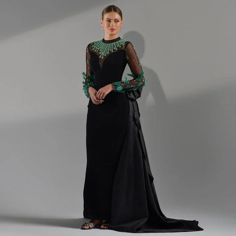 Black Satin Mermaid Lace Beaded Luxury Long Evening Dresses Gowns For Women Wedding Party 2025 LA72230