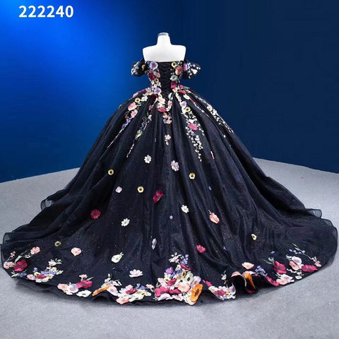 Black Sexy Off Shoulder Luxury Appliques Lace Up Ball Gowns Wedding Dress 2025 High End Custom Made HM222240