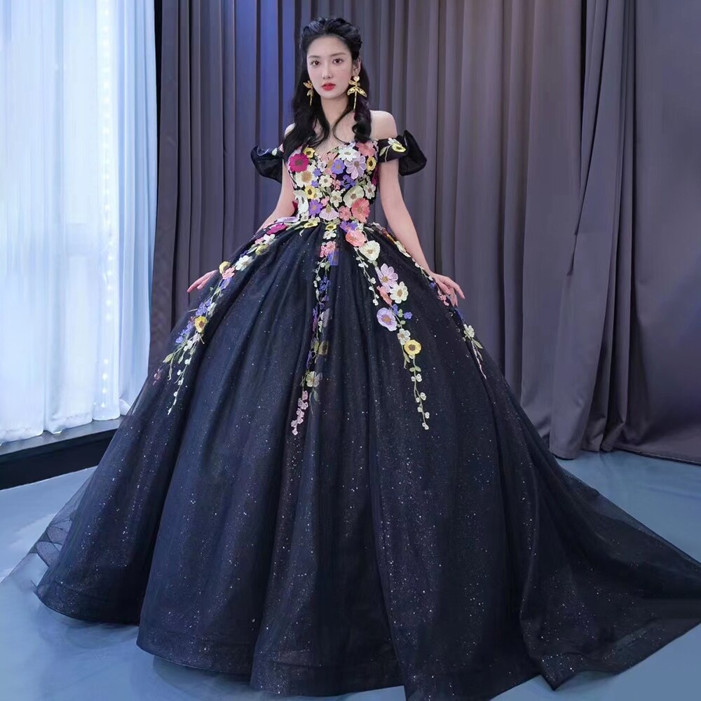 Black Sexy Off Shoulder Luxury Appliques Lace Up Ball Gowns Wedding Dress 2025 High End Custom Made HM222240