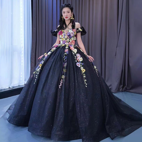 Black Sexy Off Shoulder Luxury Appliques Lace Up Ball Gowns Wedding Dress 2025 High End Custom Made HM222240