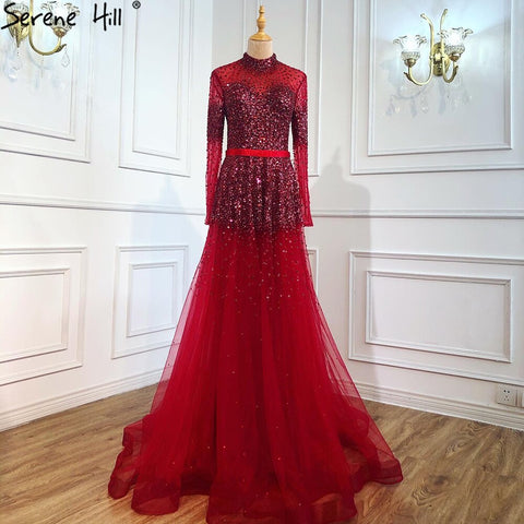 Black Silver A-Line High Neck Evening Dresses Sequined Long Sleeves Sexy Formal 2025 For Women Party LA70066