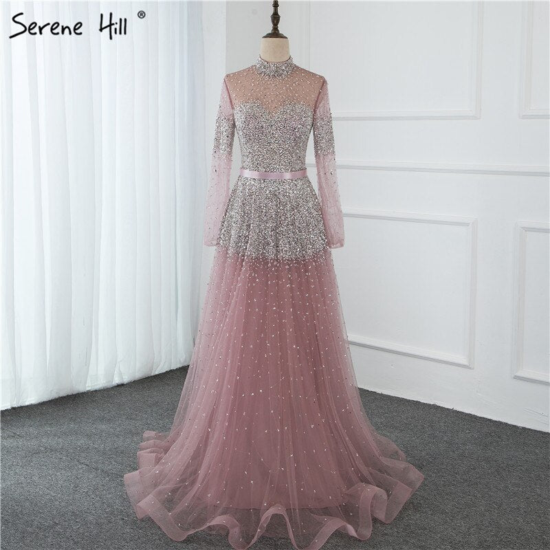Black Silver A-Line High Neck Evening Dresses Sequined Long Sleeves Sexy Formal 2025 For Women Party LA70066