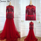 Black Silver A-Line High Neck Evening Dresses Sequined Long Sleeves Sexy Formal 2025 For Women Party LA70066