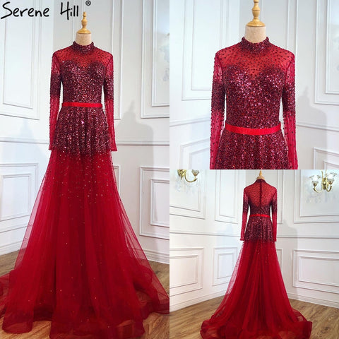 Black Silver A-Line High Neck Evening Dresses Sequined Long Sleeves Sexy Formal 2025 For Women Party LA70066