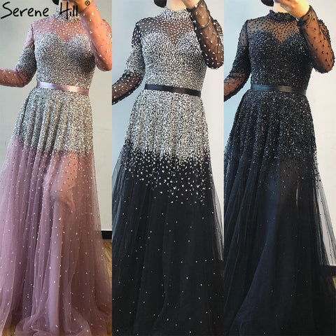 Black Silver A-Line High Neck Evening Dresses Sequined Long Sleeves Sexy Formal 2025 For Women Party LA70066