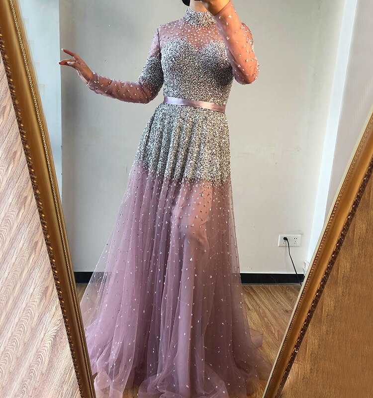 Black Silver A-Line High Neck Evening Dresses Sequined Long Sleeves Sexy Formal 2025 For Women Party LA70066