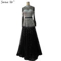 Black Silver A-Line High Neck Evening Dresses Sequined Long Sleeves Sexy Formal 2025 For Women Party LA70066