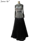 Black Silver A-Line High Neck Evening Dresses Sequined Long Sleeves Sexy Formal 2025 For Women Party LA70066