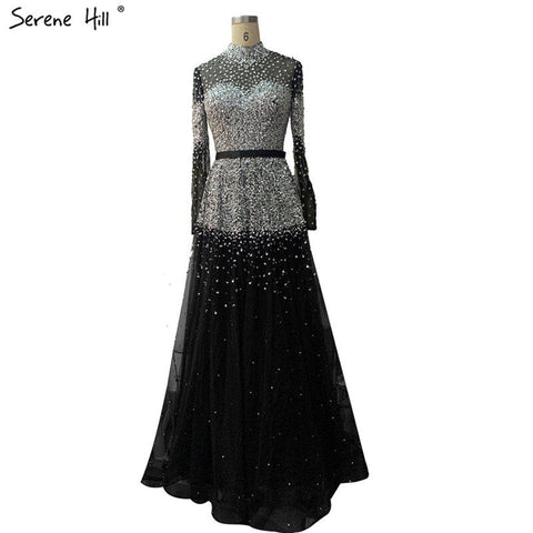 Black Silver A-Line High Neck Evening Dresses Sequined Long Sleeves Sexy Formal 2025 For Women Party LA70066