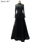Black Silver A-Line High Neck Evening Dresses Sequined Long Sleeves Sexy Formal 2025 For Women Party LA70066