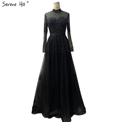 Black Silver A-Line High Neck Evening Dresses Sequined Long Sleeves Sexy Formal 2025 For Women Party LA70066