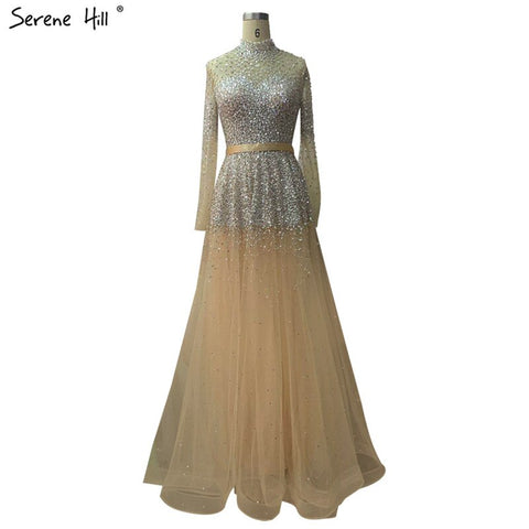 Black Silver A-Line High Neck Evening Dresses Sequined Long Sleeves Sexy Formal 2025 For Women Party LA70066