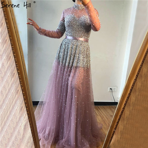Black Silver A-Line High Neck Evening Dresses Sequined Long Sleeves Sexy Formal 2025 For Women Party LA70066
