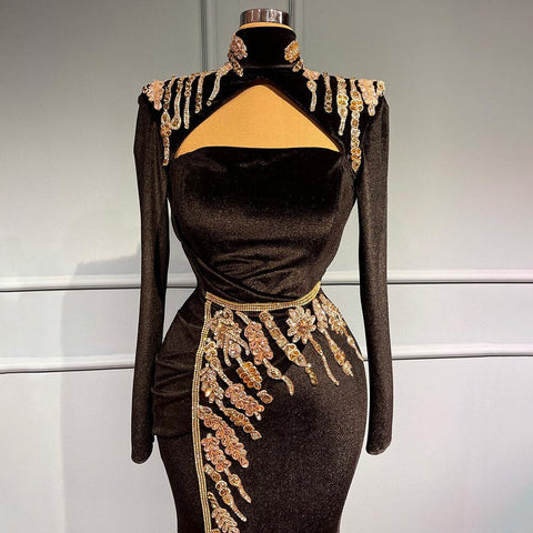 Black Velour Mermaid Evening Dresses Gowns 2025 Elegant Luxury Beaded For Women Party LA71545