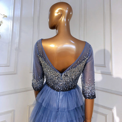 Blauw Tiered Rok Avond Jurken 2025 Kralen Half Mouwen A-lijn Voor Vrouwen Wedding Party LA71553
