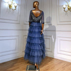 Blauw Tiered Rok Avond Jurken 2025 Kralen Half Mouwen A-lijn Voor Vrouwen Wedding Party LA71553