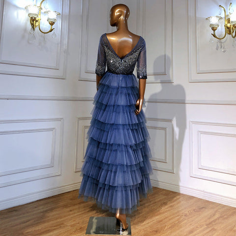 Blauw Tiered Rok Avond Jurken 2025 Kralen Half Mouwen A-lijn Voor Vrouwen Wedding Party LA71553