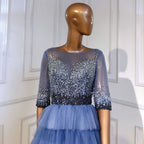 Blauw Tiered Rok Avond Jurken 2025 Kralen Half Mouwen A-lijn Voor Vrouwen Wedding Party LA71553