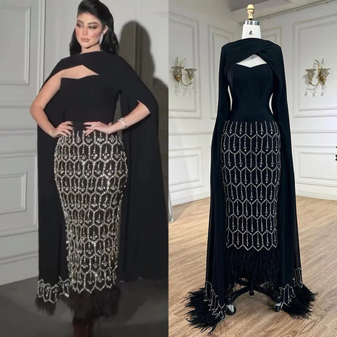 Bling Black Mermaid Arabic Evening Dress with Cape Feather Prom Formal Dresses for Women Wedding Party Gowns LA72410