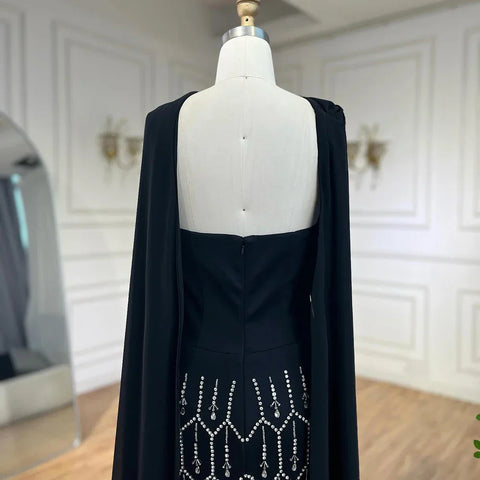 Bling Black Mermaid Arabic Evening Dress with Cape Feather Prom Formal Dresses for Women Wedding Party Gowns LA72410