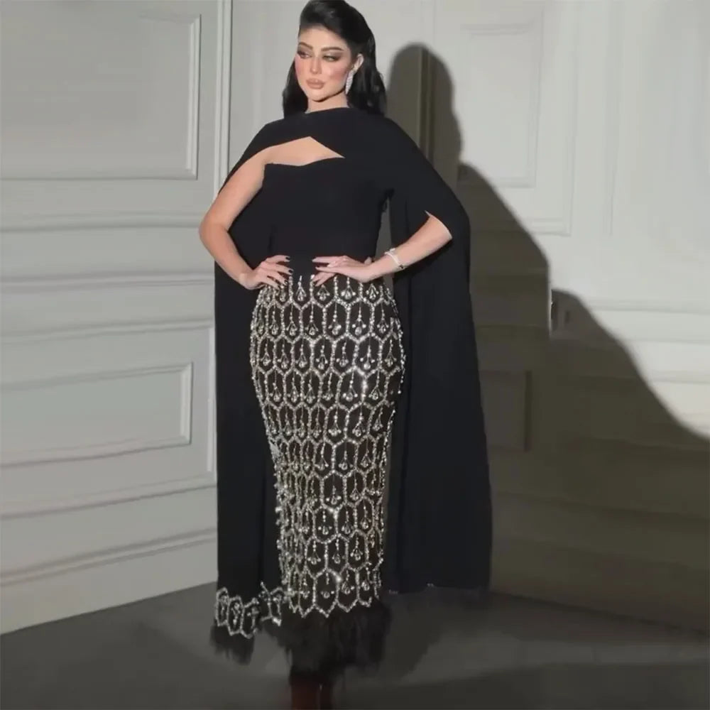 Bling Black Mermaid Arabic Evening Dress with Cape Feather Prom Formal Dresses for Women Wedding Party Gowns LA72410