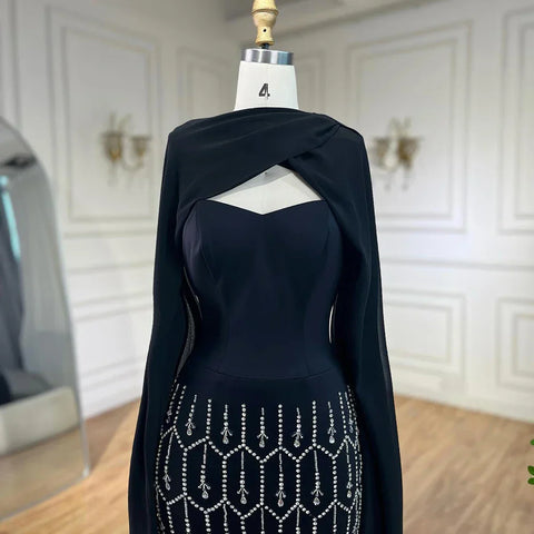 Bling Black Mermaid Arabic Evening Dress with Cape Feather Prom Formal Dresses for Women Wedding Party Gowns LA72410