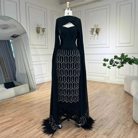 Bling Black Mermaid Arabic Evening Dress with Cape Feather Prom Formal Dresses for Women Wedding Party Gowns LA72410