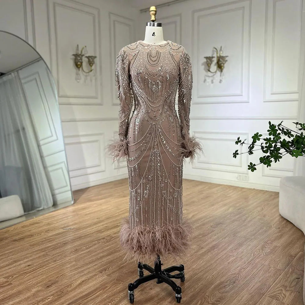 Bling Caramel Mermaid Arabic Evening Dress Feather Pearls Prom Formal Dresses for Women Wedding Party Gowns LA72482